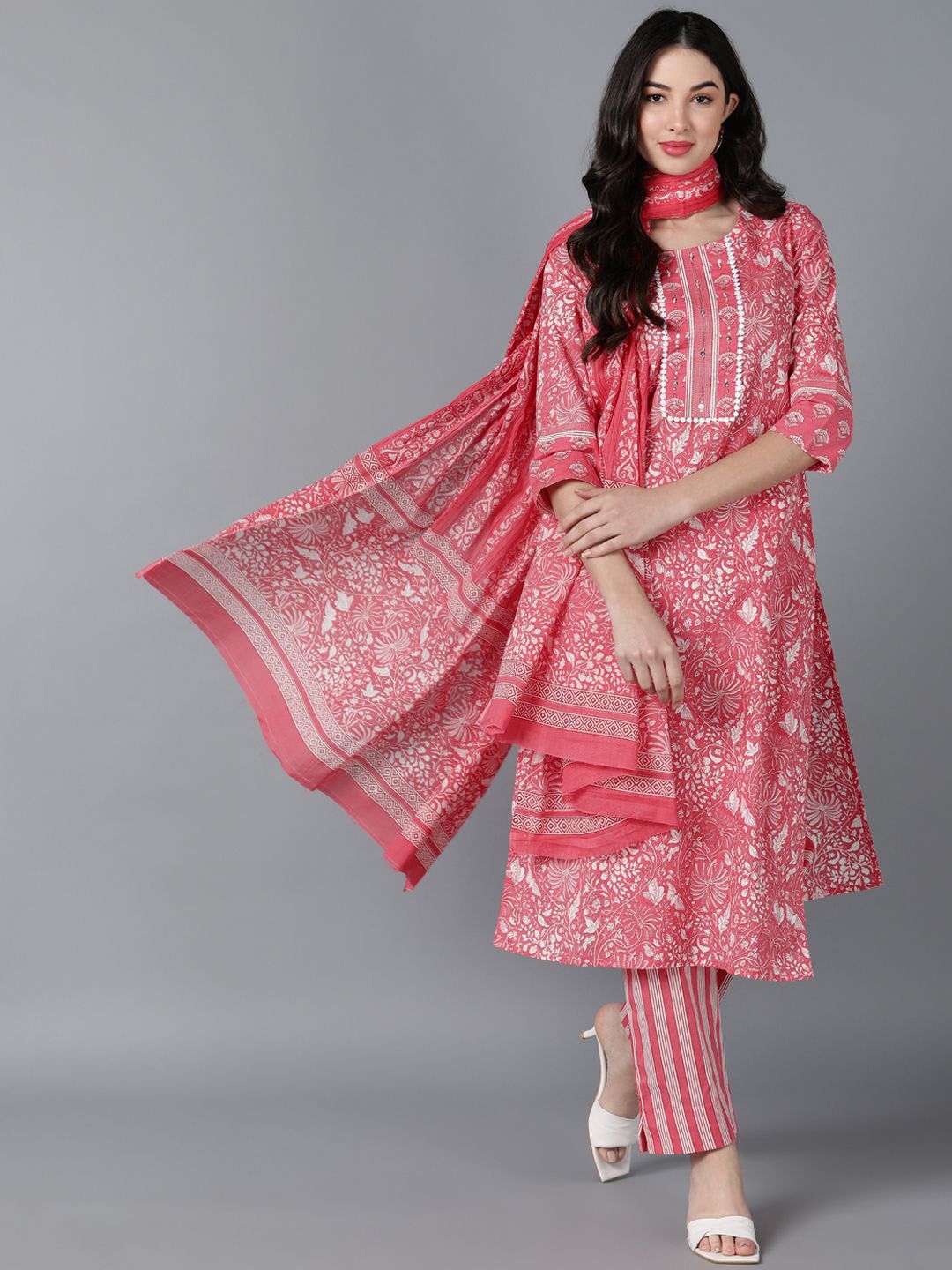 KALINI Women Floral Printed Pure Cotton Straight Kurta with Trousers & Dupatta