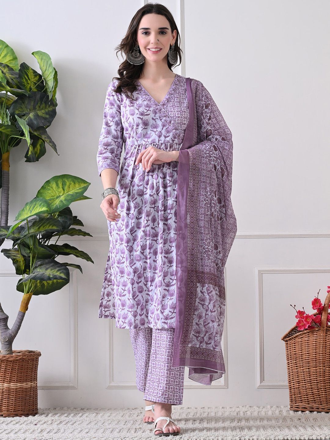 HERE&NOW Floral Printed V-Neck Pure Cotton A-Line Kurta & Trousers With Dupatta