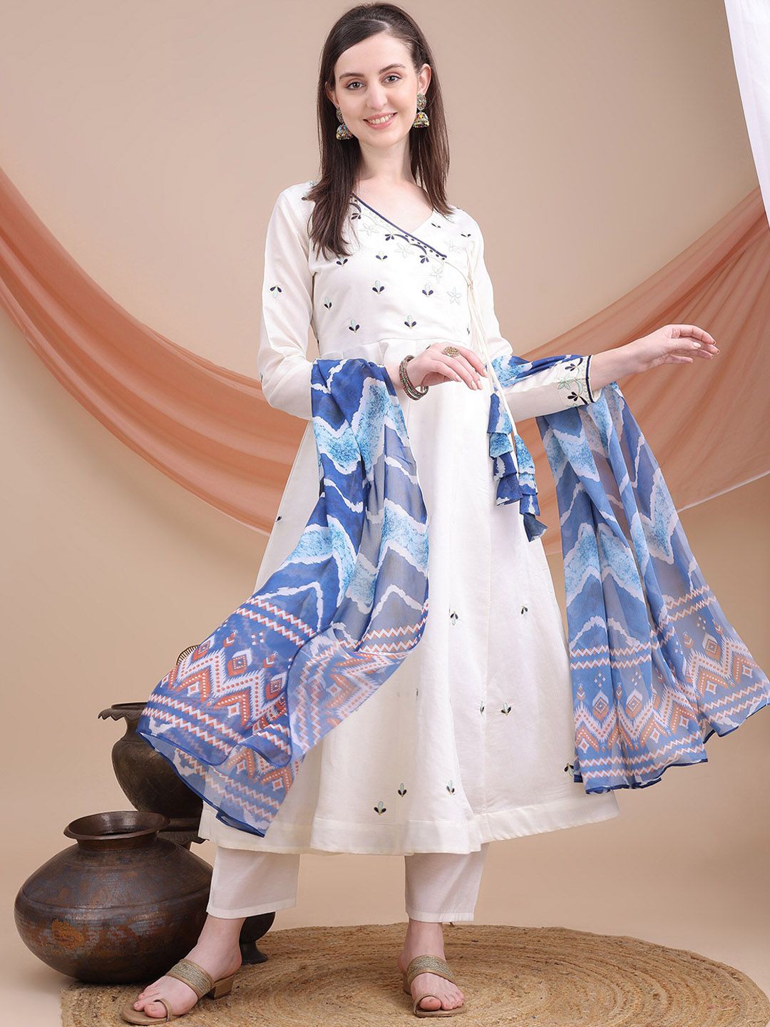 DIVASTRI Women Floral Embroidered Angrakha Pure Silk Kurta with Trousers & Dupatta