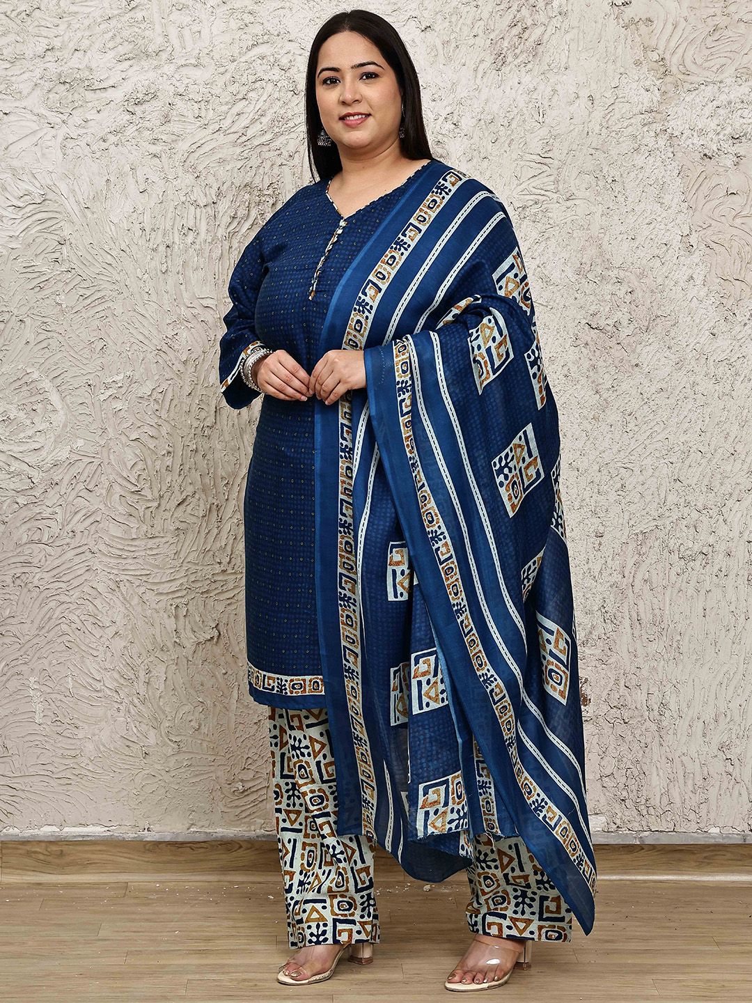 Merira Women Plus Size Geometric Printed Kurta with Palazzo & Dupatta
