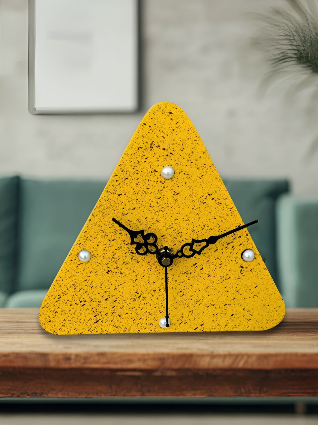 OLIVE TREE Yellow & Black Abstract Printed Geometric Wooden Analogue Table Clock-picture-31