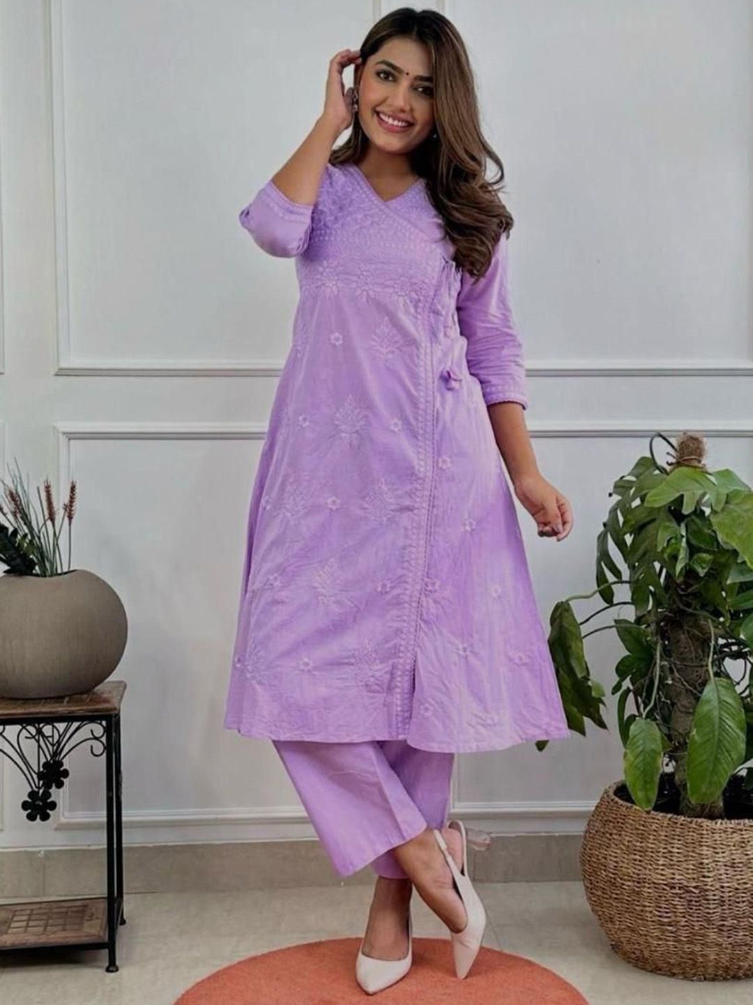 MILAAV Women Floral Embroidered Angrakha Thread Work Kurta with Trousers