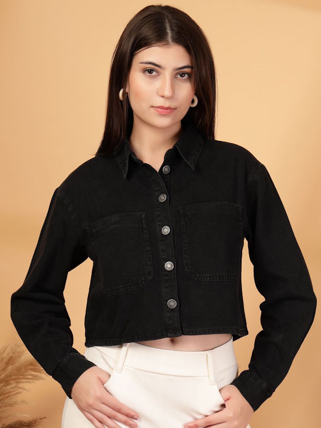 COSMIC Spread Collar Crop Pure Cotton Denim Jacket