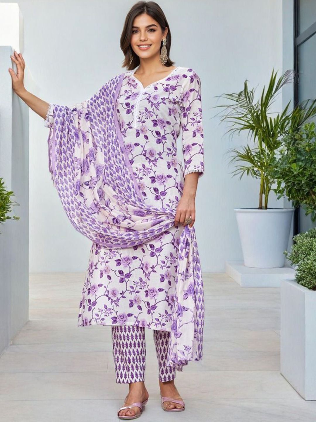 SZN Floral Printed Pure Cotton Sweetheart Neck Straight Kurta With Trousers And Dupatta