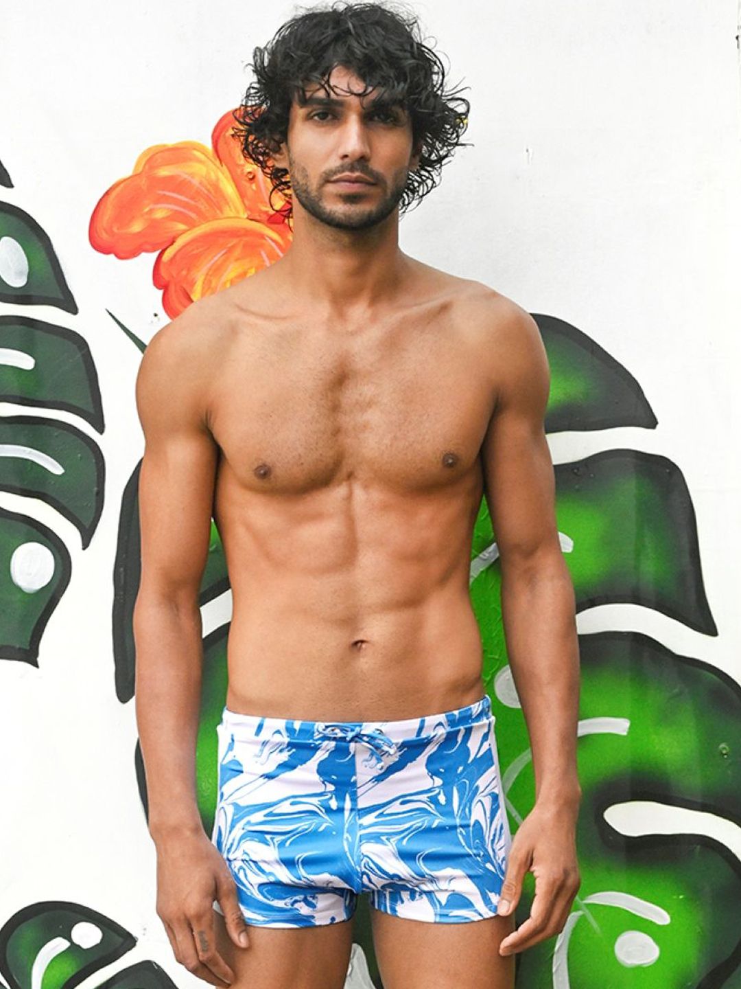 Swim Trunk With Ocean Splash Print in White & Sky Blue-image-4