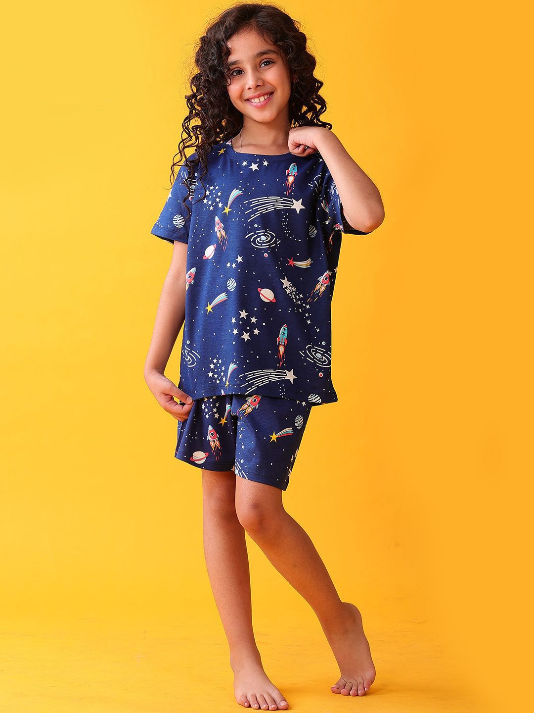 YK Girls Solar Dream Print Pure Cotton T-shirt & Shorts Night Suit-picture-10