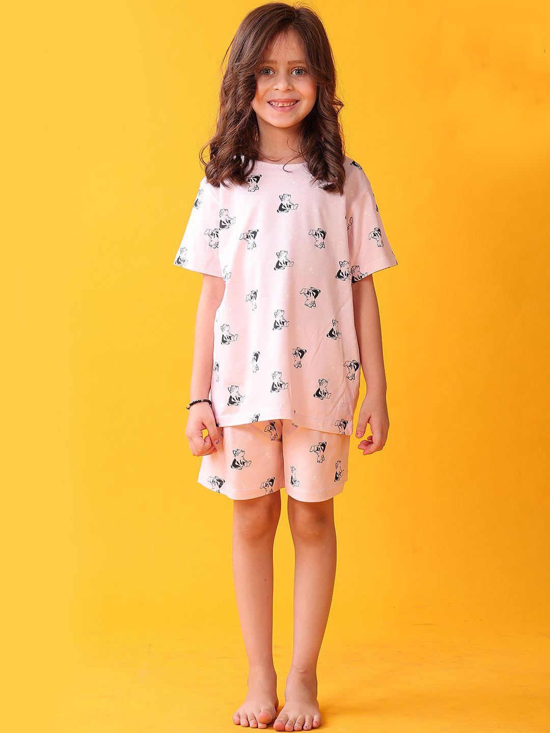 YK Girls Cat Print Pure Cotton T-shirt & Shorts Night Suit-picture-31