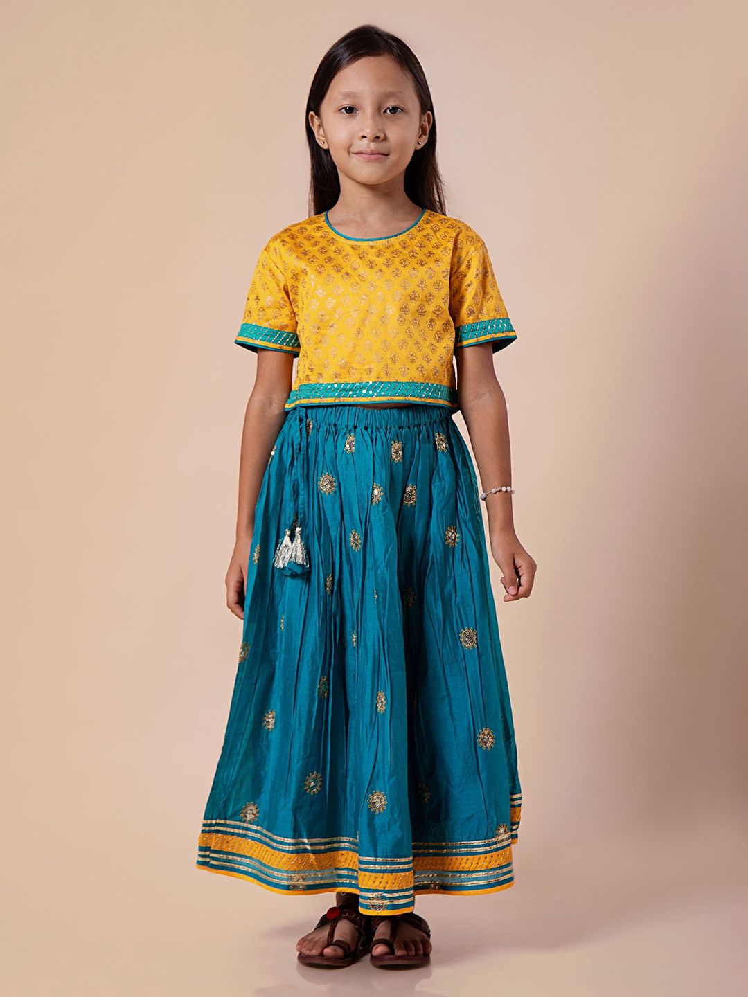 Sangria Girls Floral Block Printed Sequinned Ready to Wear Lehenga Choli-picture-36