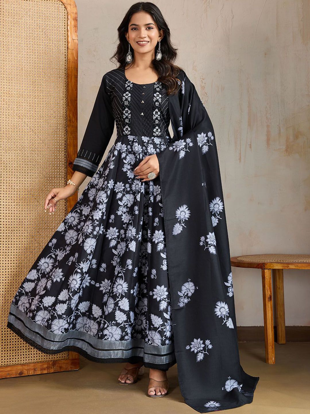Inddus Floral Printed Round Neck Thread Work Kurta With Trousers & Dupatta