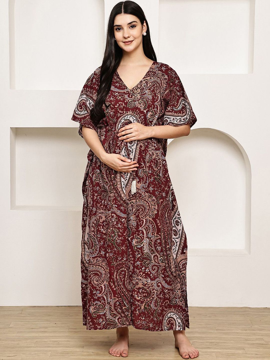 Secret Wish Women Printed Pure Cotton Maternity Maxi Nightdress-picture-17