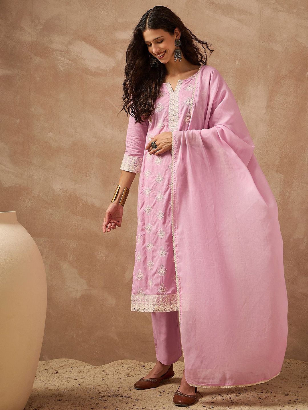 Anouk Floral Embroidered Notch Neck Thread Work Pure Cotton Kurta With Trousers & Dupatta