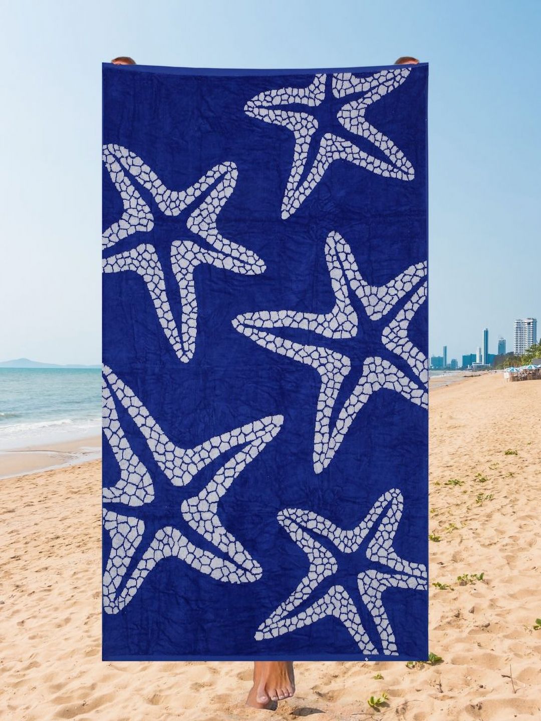 Creeva Blue & White Starfish Printed 500 GSM Cotton Beach Towel