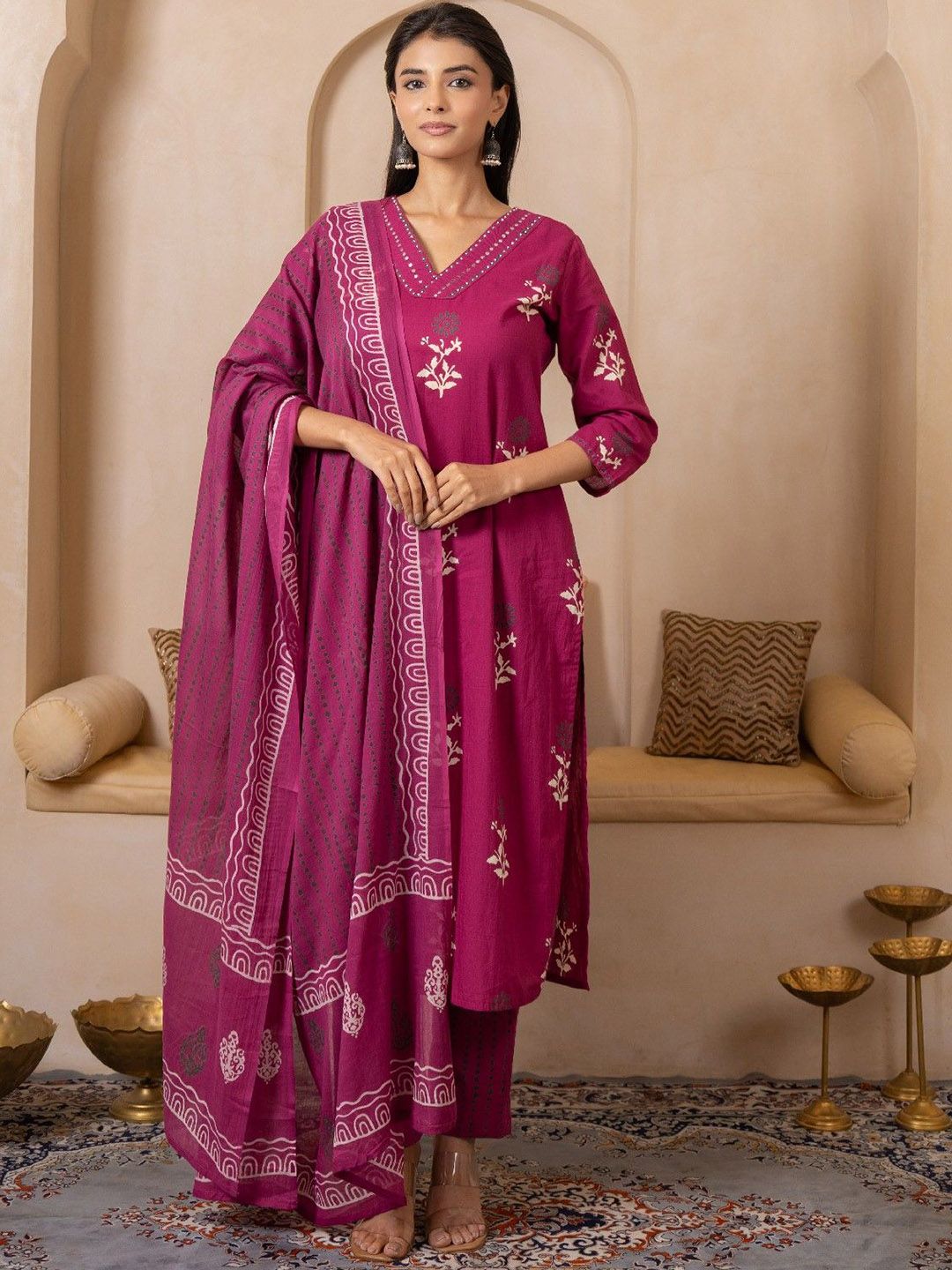 SHIVARA Women Ethnic Motifs Printed Mirror Work Pure Cotton Kurta with Trousers & Dupatta