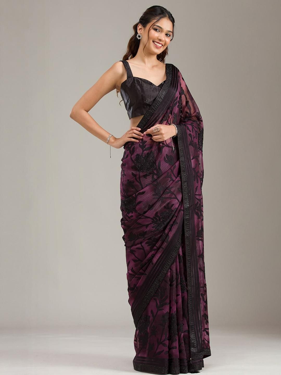 Koskii Floral Printed Embroidered Sequinned Saree