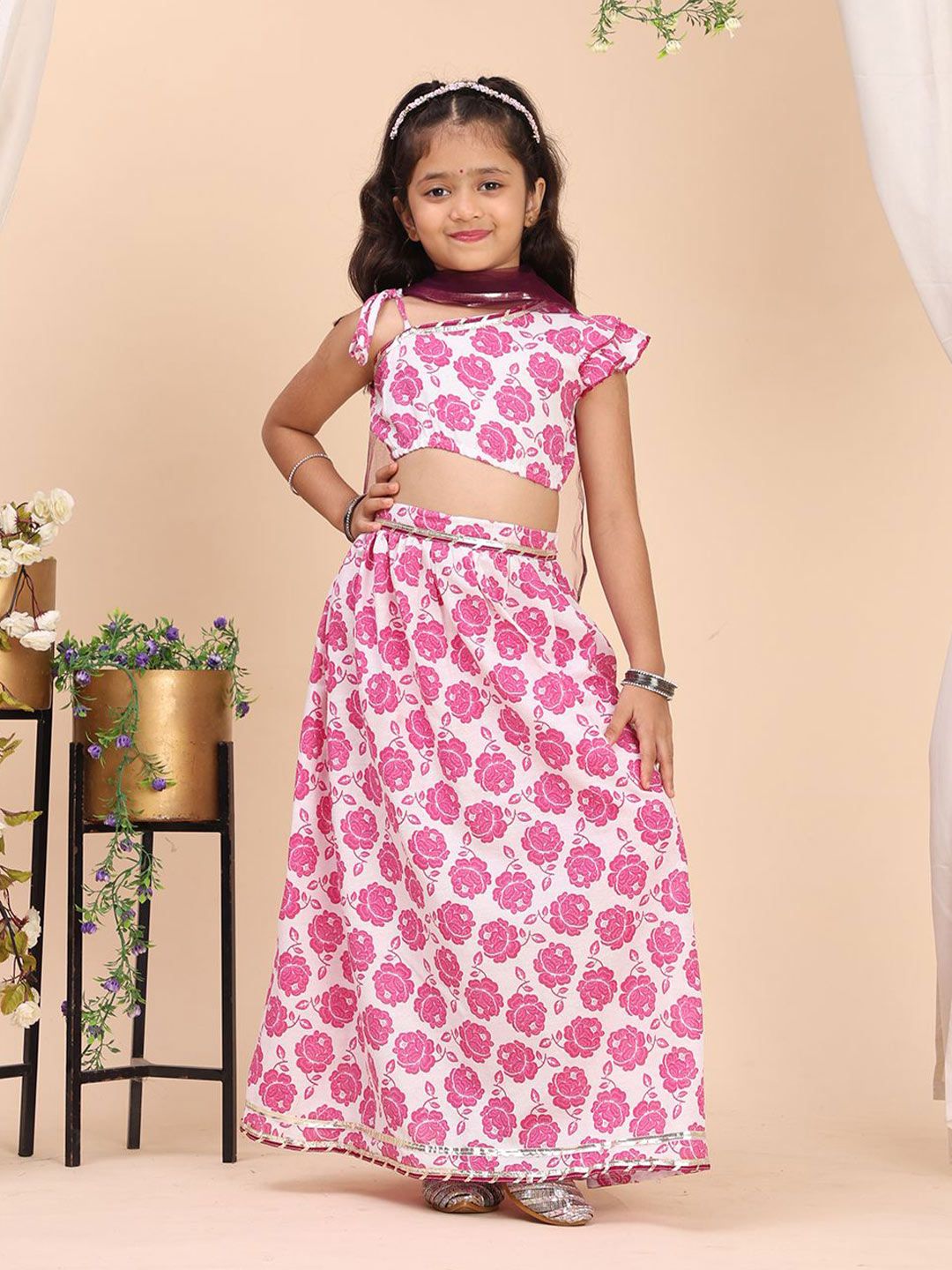 Cutiekins Girls Floral Printed Ready to Wear Cotton Lehenga & Blouse With Dupatta-picture-17