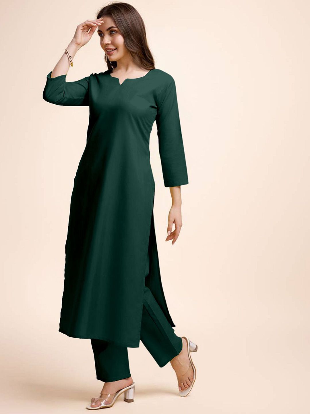 Green Round Neck Solid kurta