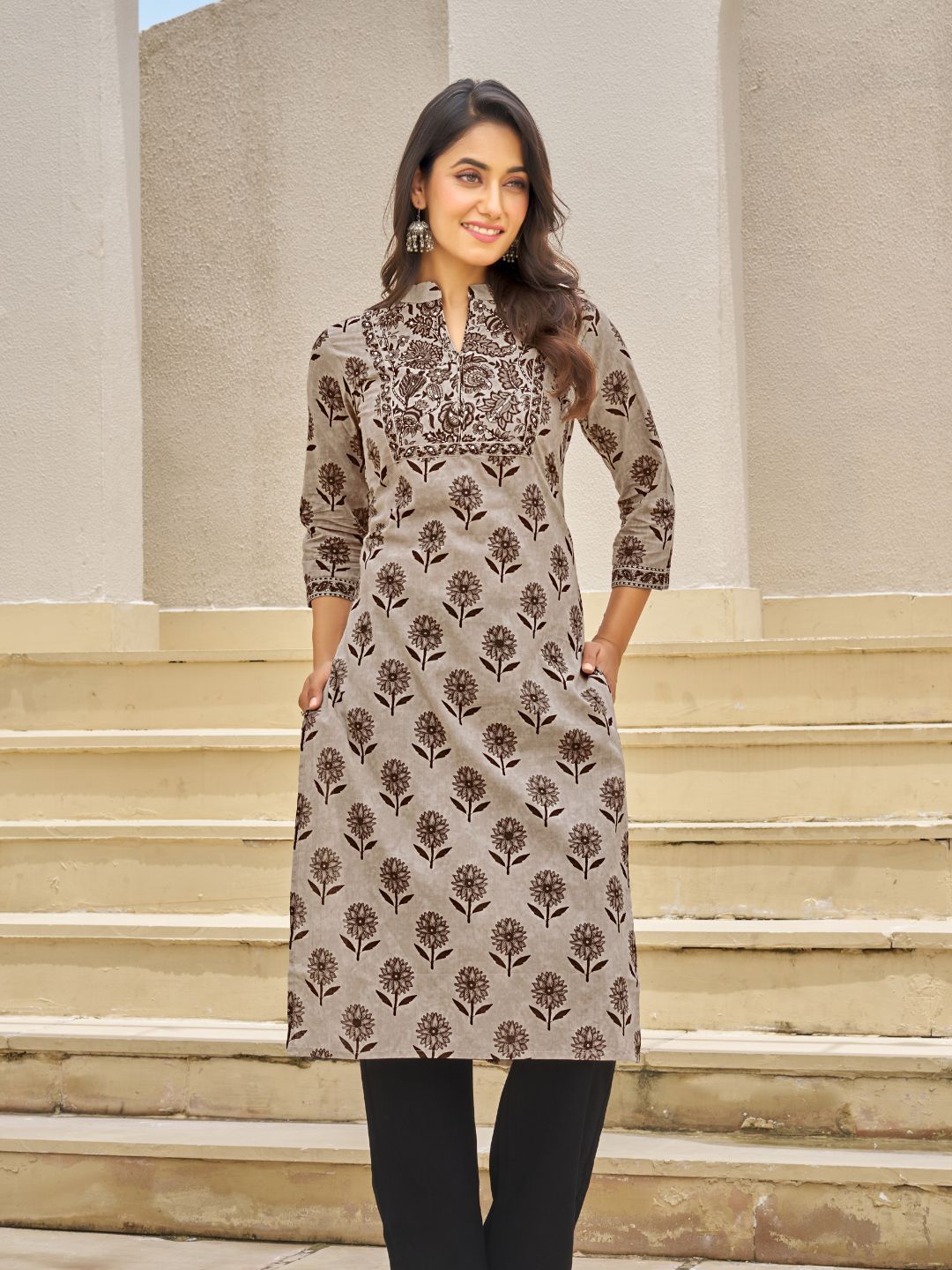 KALINI Floral Printed Mandarin Collar Sequin Kurta-picture-38