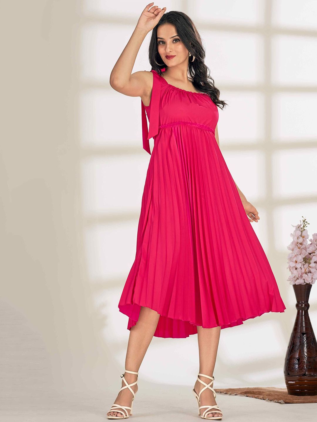 Glomee Women Round Neck Empire Midi Dress-picture-13