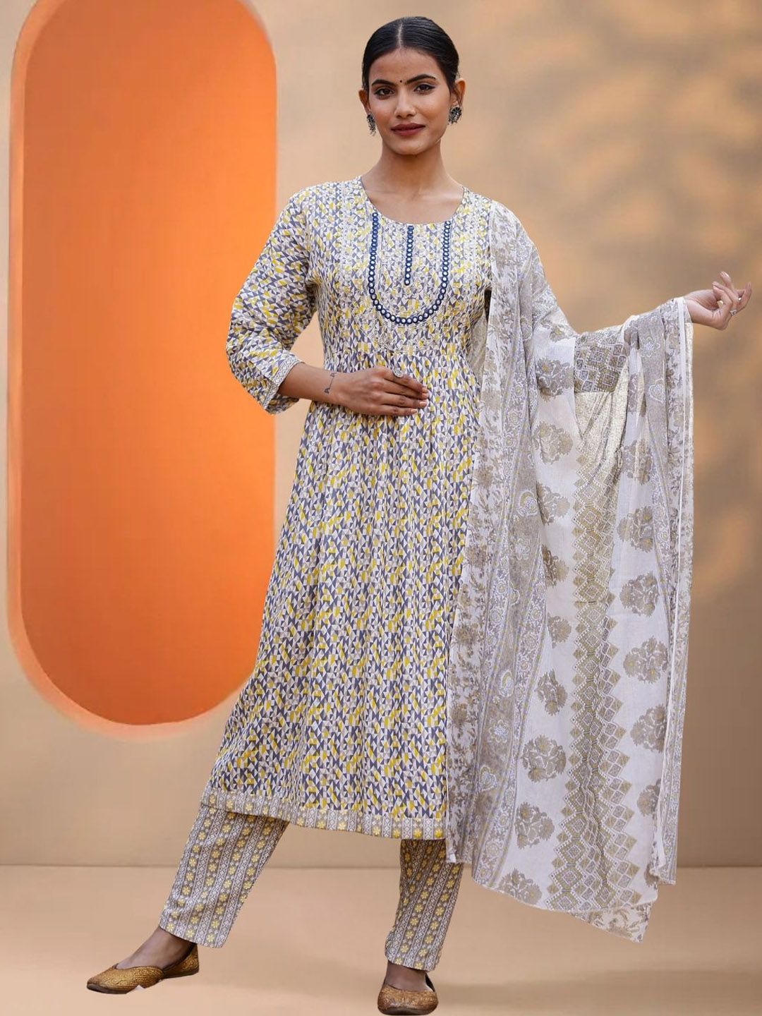 OZIA Geometric Printed Anarkali Pure Cotton Kurta With Trousers And Dupatta