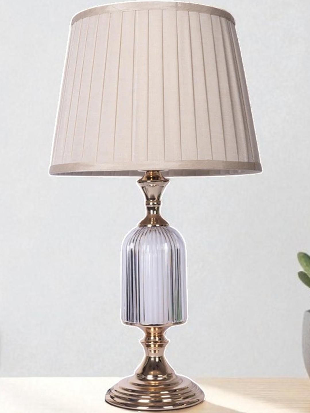 Aarvi Decor Beige Fabric Shade Table Lamp with Ribbed Glass Base Elegant & Classic Design
