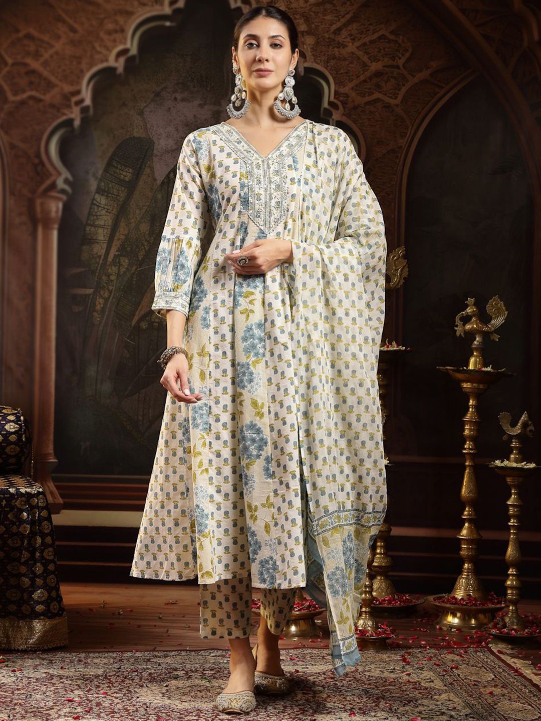 Stylum Floral Printed V-Neck Sequinned Pure Cotton Kurta With Trousers & Dupatta