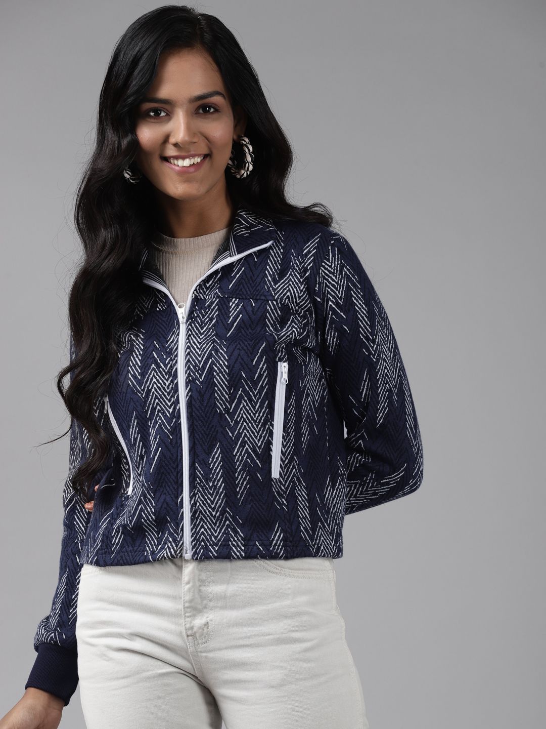 The Roadster Lifestyle Co Chevron Printed Cotton Spread Collar Front-Open Jacket-picture-35