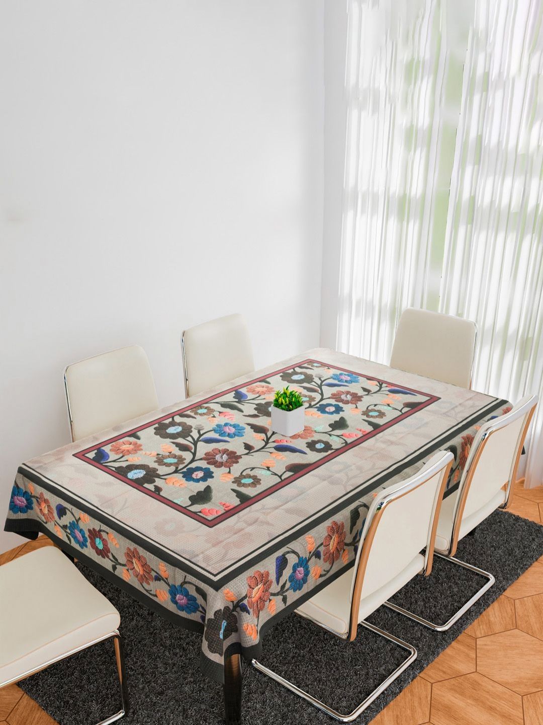 Aura Cream-Coloured Floral Anti-Skid Cotton 6-Seater Table Cover-picture-37