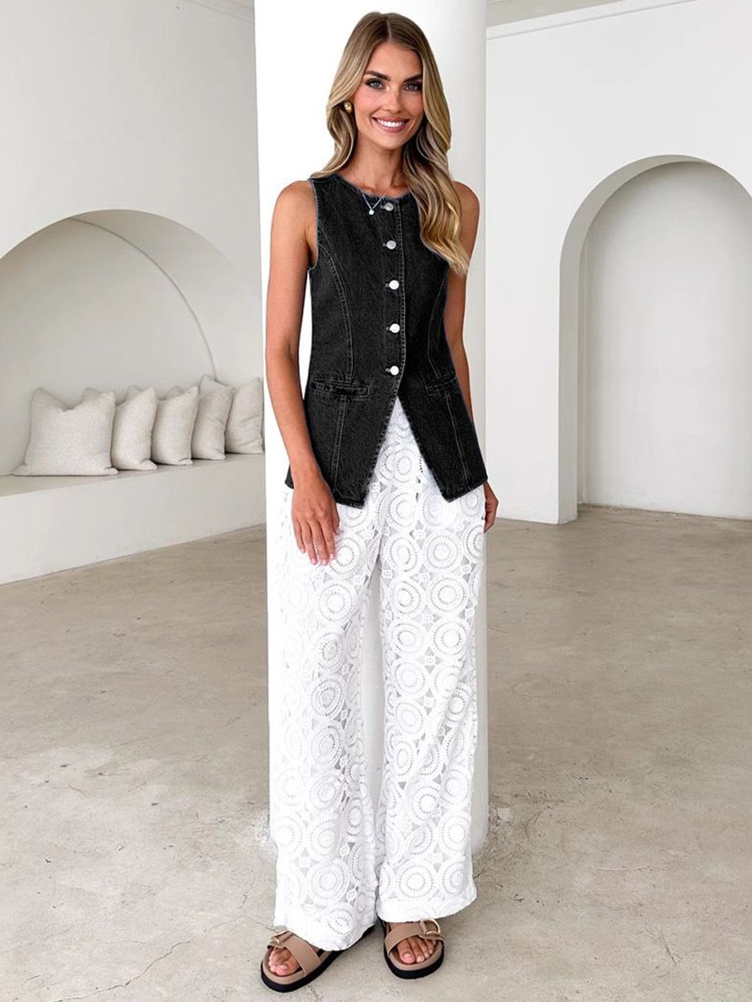 bebe Women Solid Sleeveless Denim Jacket