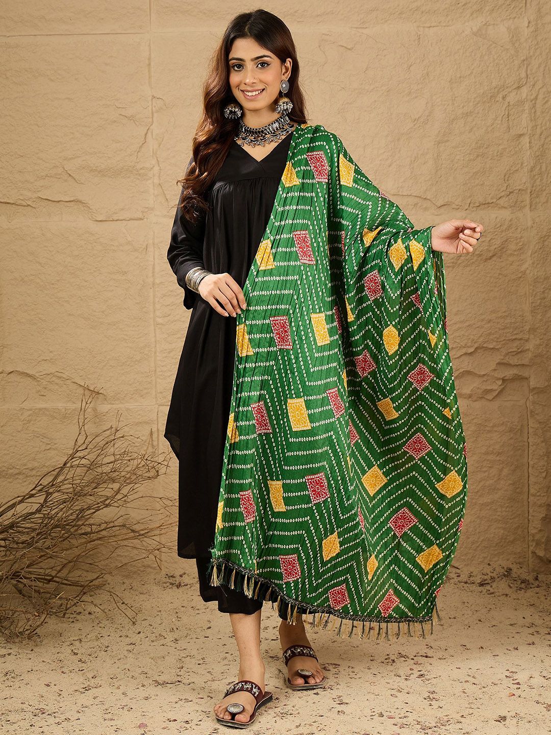InWeave Women Solid A-Line Kurta with Trousers & Dupatta