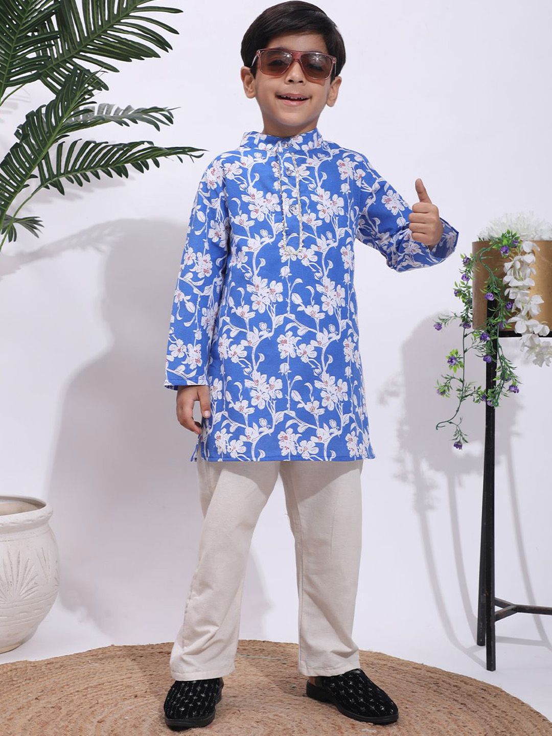 Cutiekins Boys Floral Printed Mandarin Collar Gotta Patti Kurta with Pyjamas-picture-23