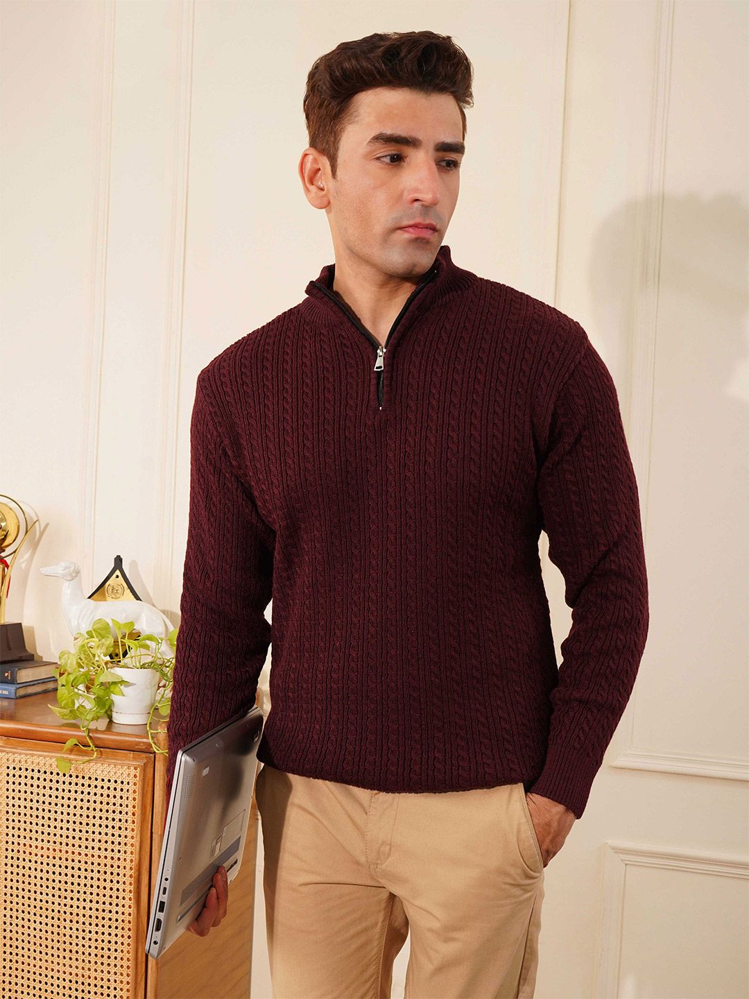 KVETOO Men Cable Knit High Neck Half Zipper Woolen Pullover-picture-46