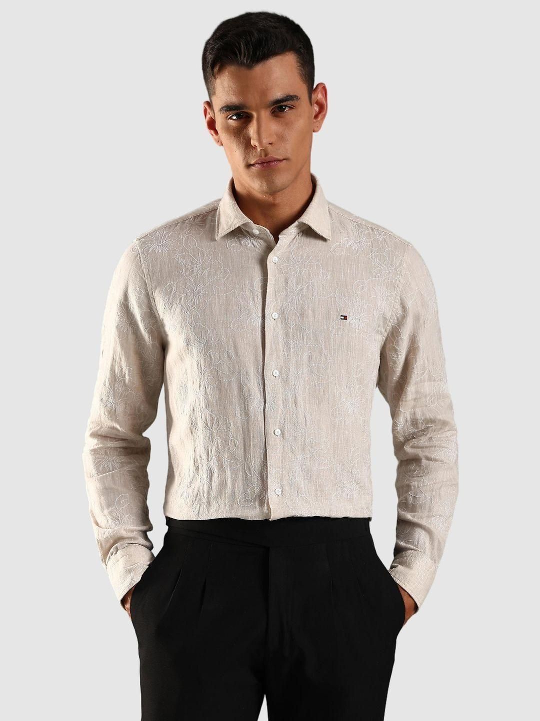 Tommy Hilfiger Regular Fit Floral Embroidered Linen Formal Shirt-picture-20