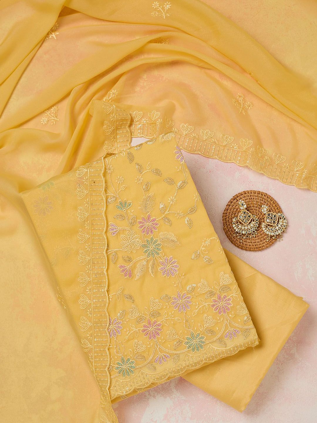 Koskii Floral Embroidered Unstitched Thread Work Dress Material