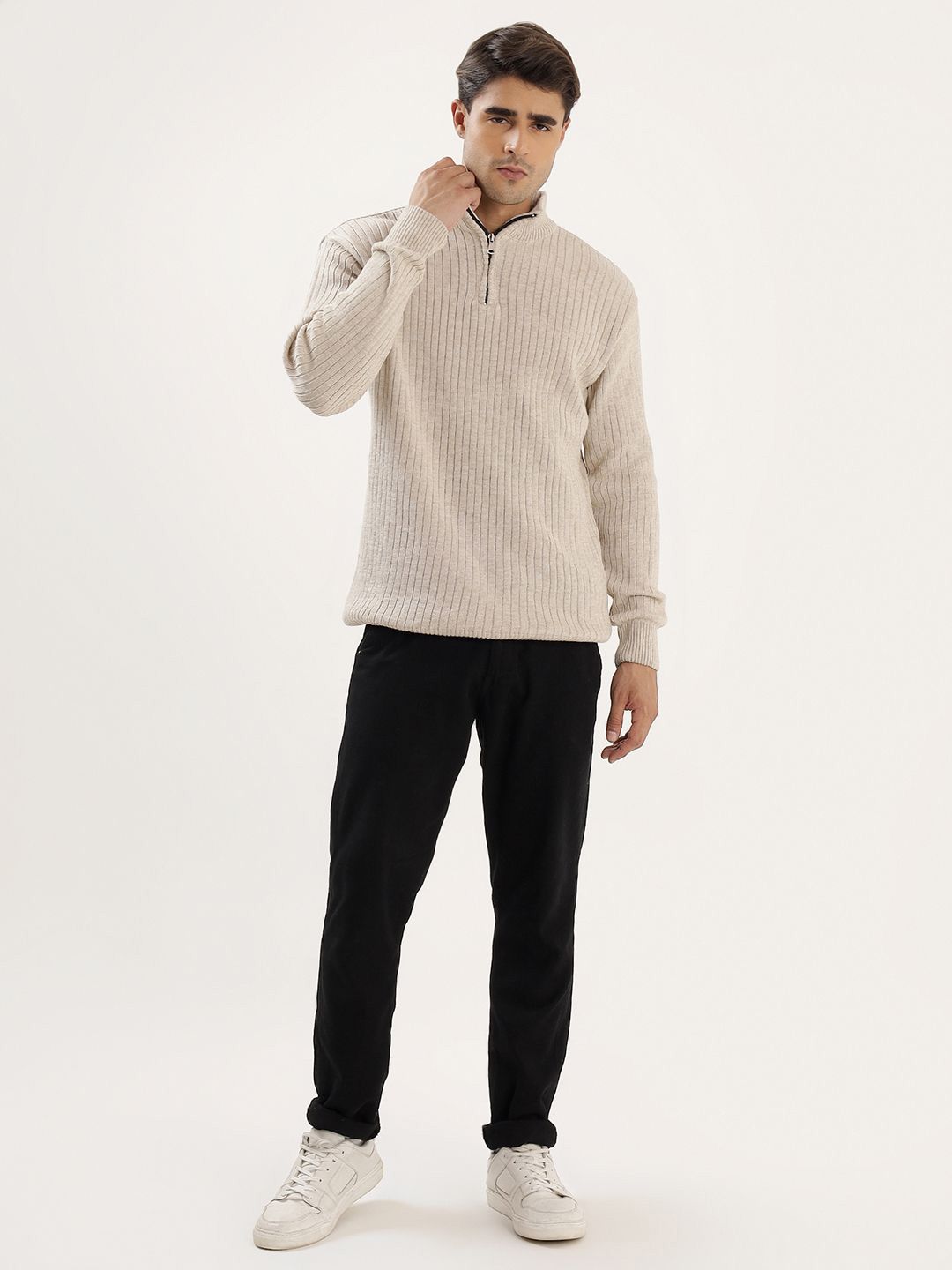 Kveto Style Redefined Men High Neck Half Zipper Ribbed Sweater-picture-10