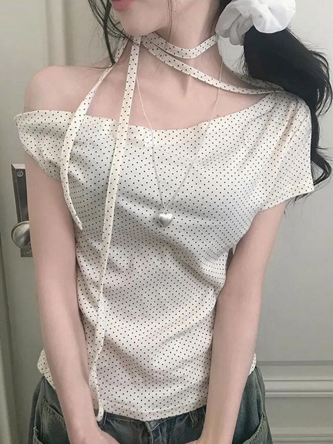 LULU & SKY Polka Dot Printed Off-Shoulder Extended Sleeves Bardot Top-picture-20