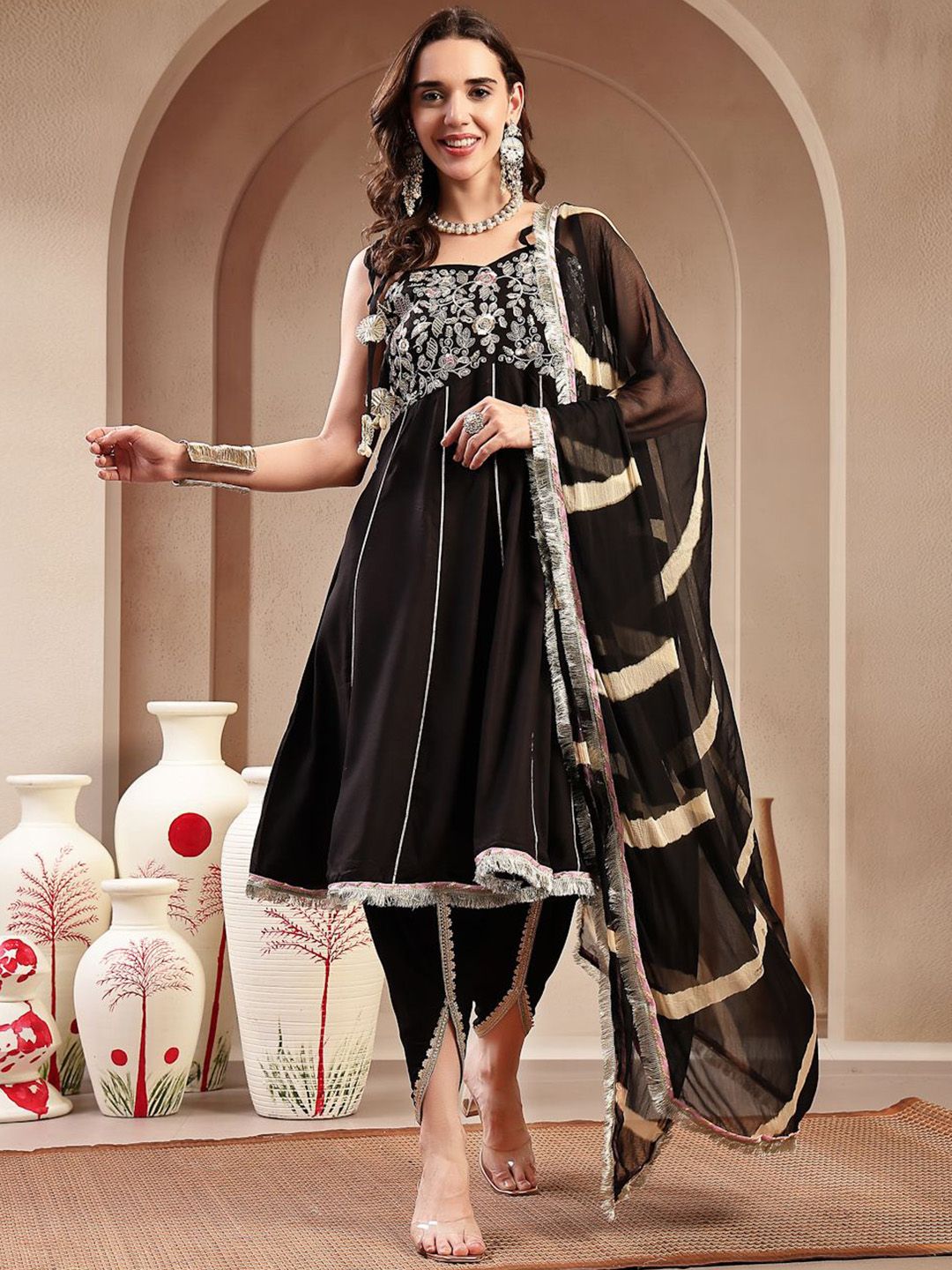 Stylum Women Ethnic Motifs Embroidered Pure Cotton Kurta with Dhoti Pants & Dupatta