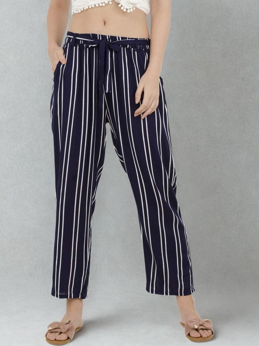 Mytrendzs Women Navy Blue & White Striped Rayon Palazzo with Drawstring & Side Pockets-picture-29