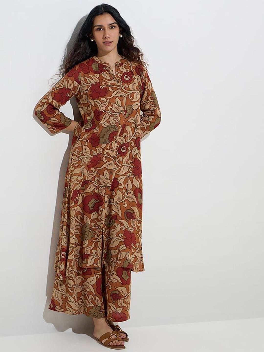 KALINI Floral Printed Round Neck Straight Kurta With Palazzos