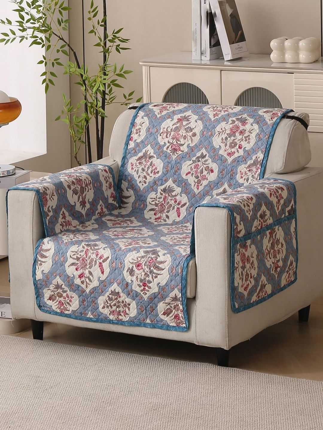 HOUSE OF QUIRK Blue & White Ethnic Motifs Printed Sofa Cover With Arms-picture-25