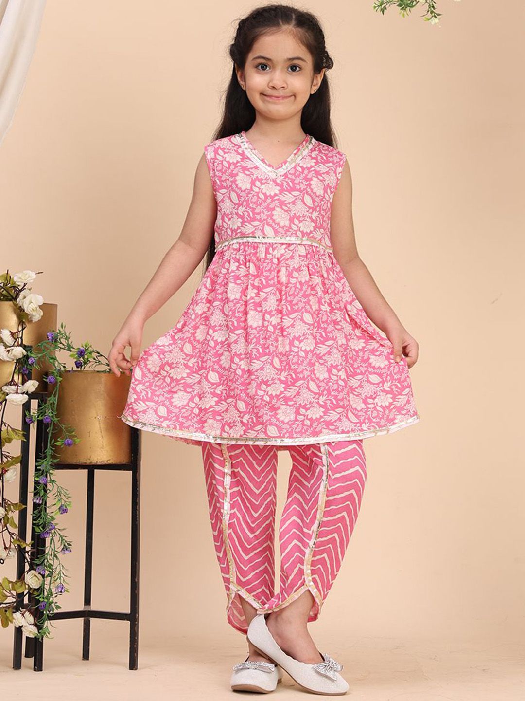 Cutiekins Girls Floral Printed V-Neck Gotta Patti A-Line Kurta With Dhoti Pants-picture-34