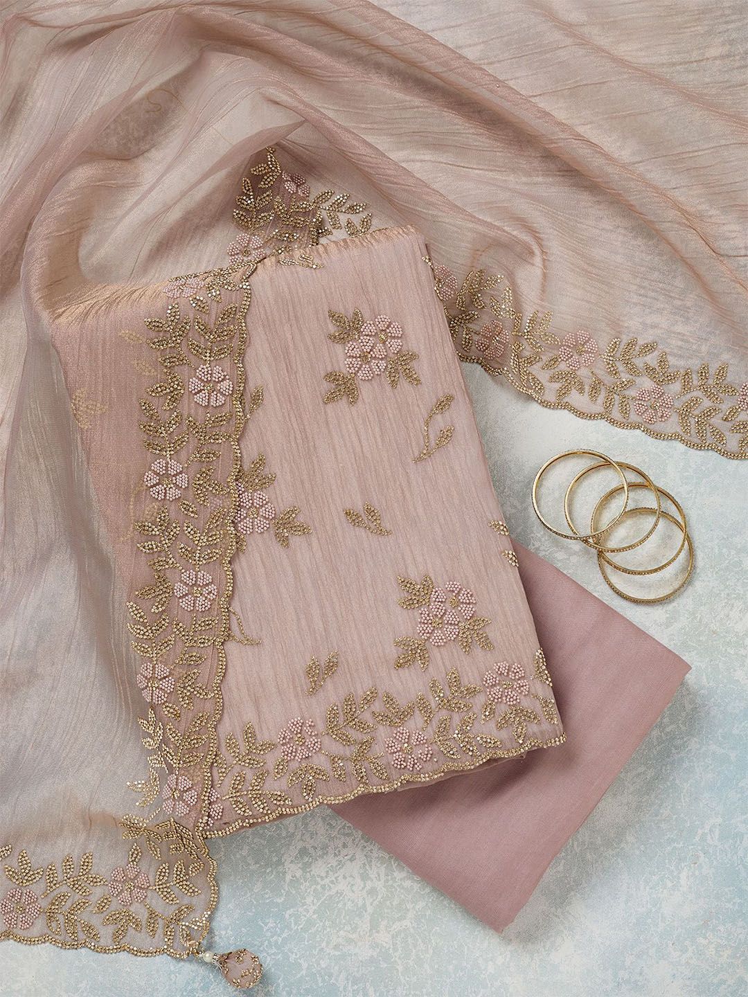 Koskii Floral Embellished Tissue Unstitched Dress Material