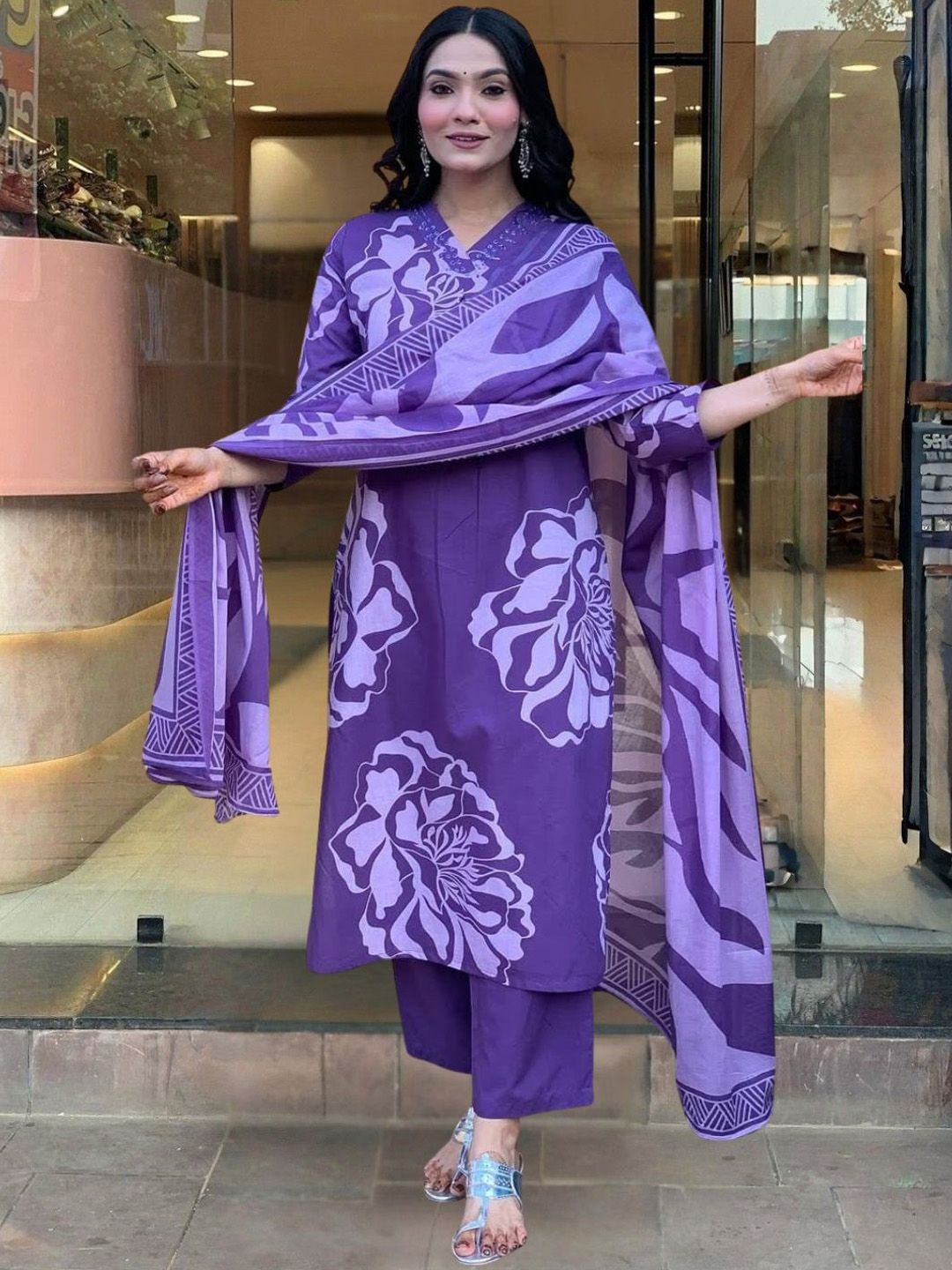 KALINI Women Floral Printed Regular Chanderi Silk Kurta with Trousers & Dupatta