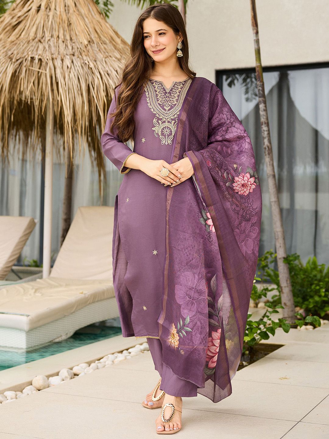 Navlik Floral Embroidered Notch Neck Sequinned Straight Kurta With Trousers & Dupatta