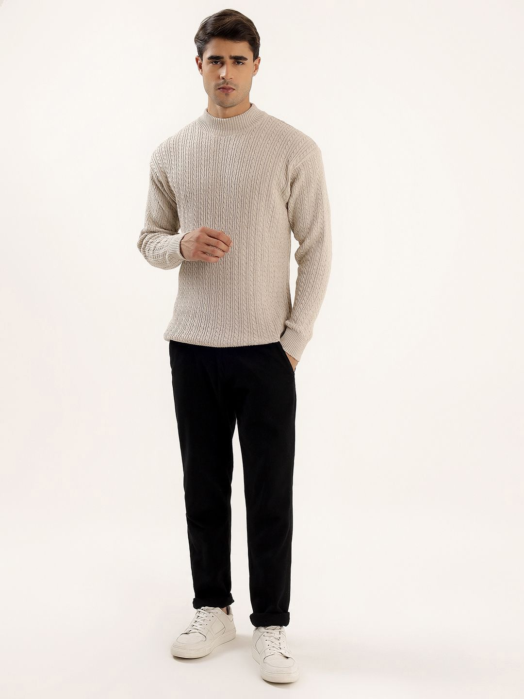 Kveto style redefined Self Design Mock Collar Cable Knit Pullover-picture-46