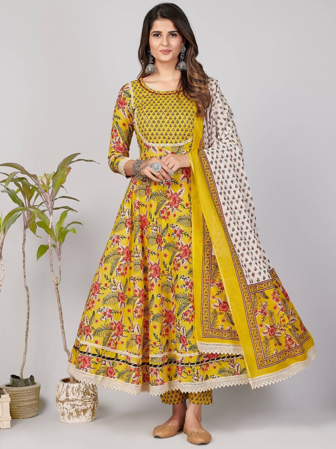 GULMEHAK Floral Printed Round Neck Pure Cotton Anarkali Kurta & Trousers With Dupatta