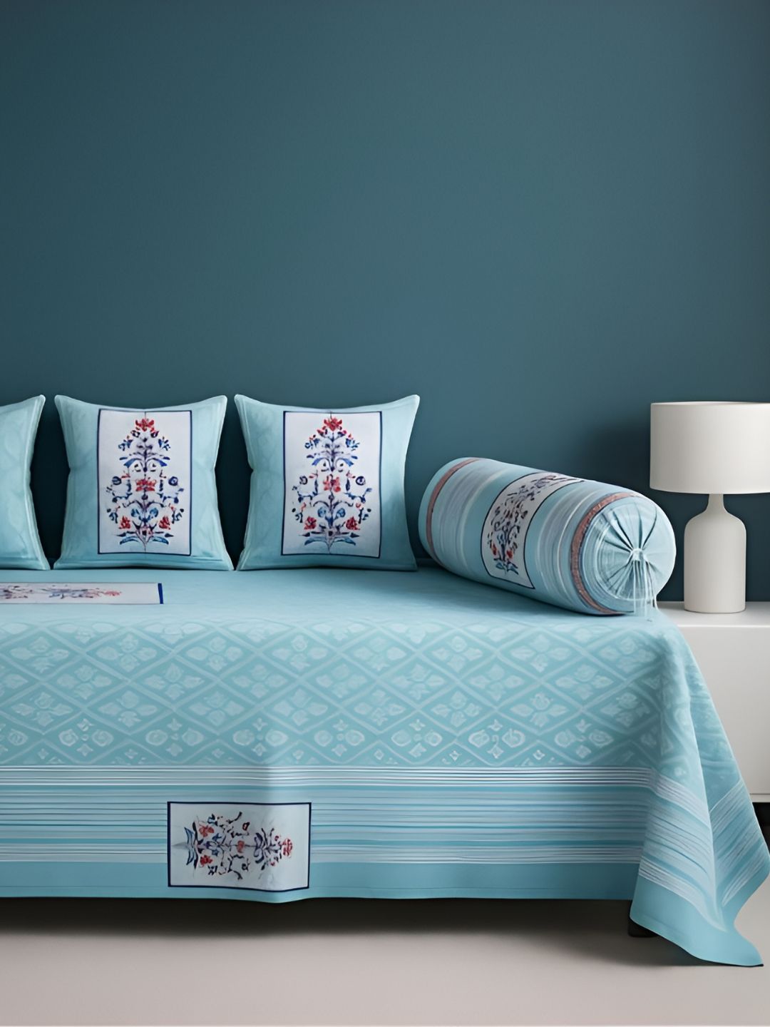 UrbanArts Set Of 6 Blue & White Printed Pure Cotton Diwan Set-picture-48