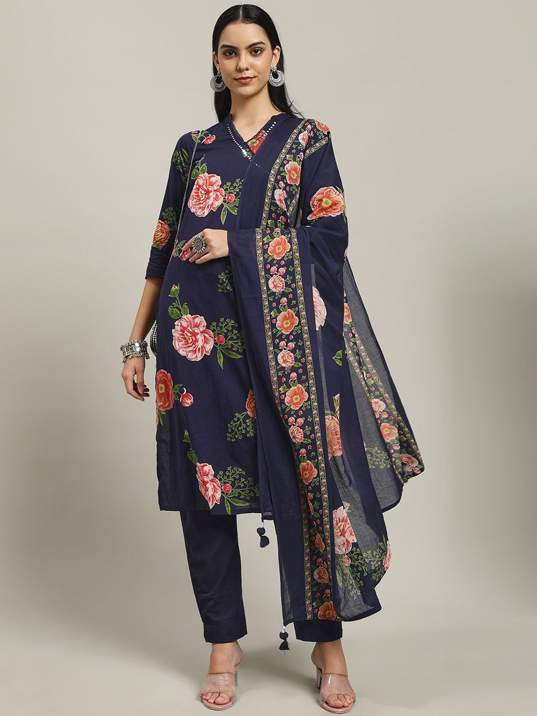 Meena Bazaar Floral Printed Mirror Work V-Neck Kurta With Trousers & Dupatta