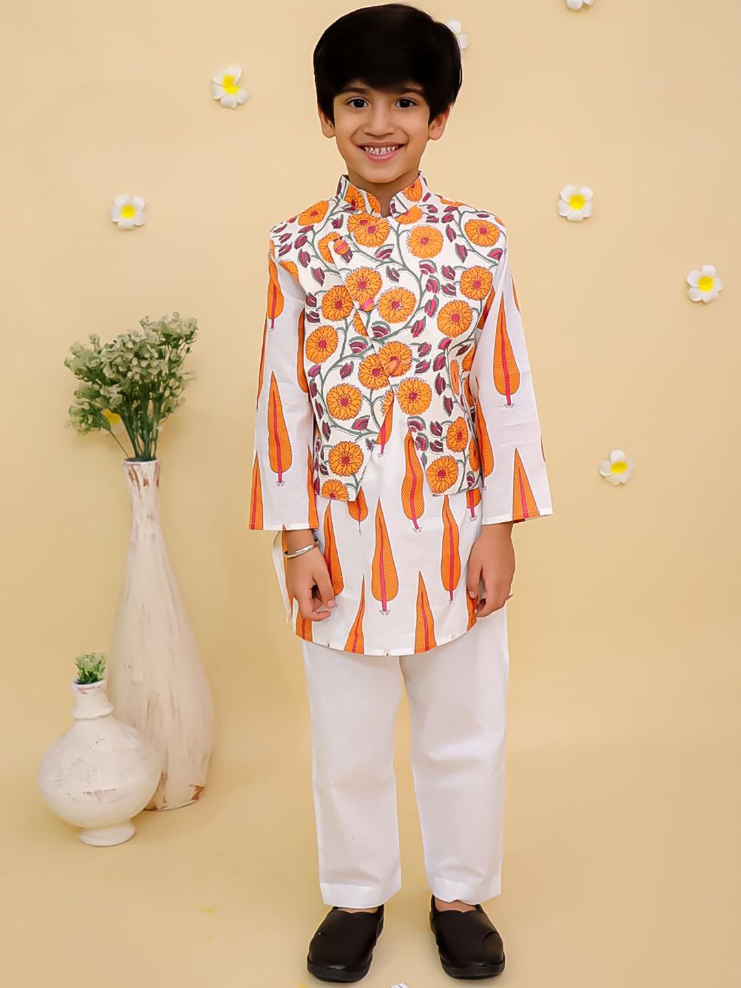 The Mom Store Boys Floral Printed Regular Pure Cotton Kurta with Trousers-picture-37