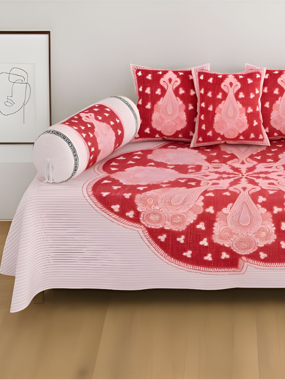 UrbanArts Set Of 6 Red & White Printed Pure Cotton Diwan Set-picture-14