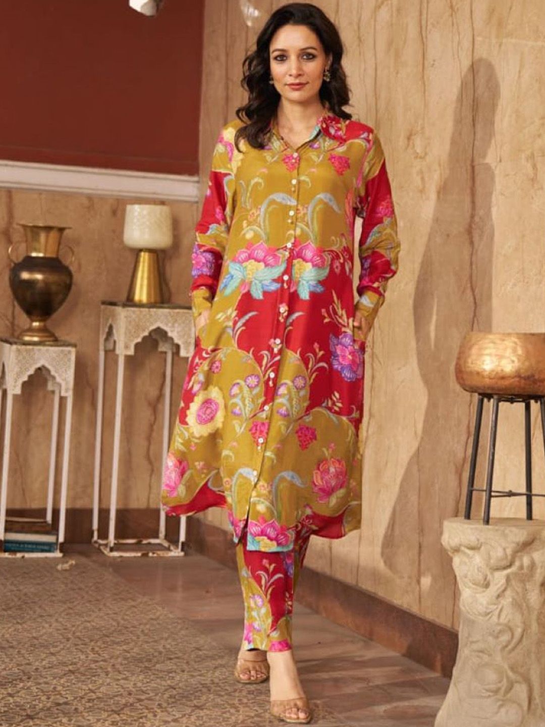 KALINI Women Floral Printed Shirt Collar Regular Kurta with Trousers